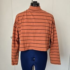 Forever 21 Women's Orange Striped High Collar Cropped Boxy Long Sleeve Shirt